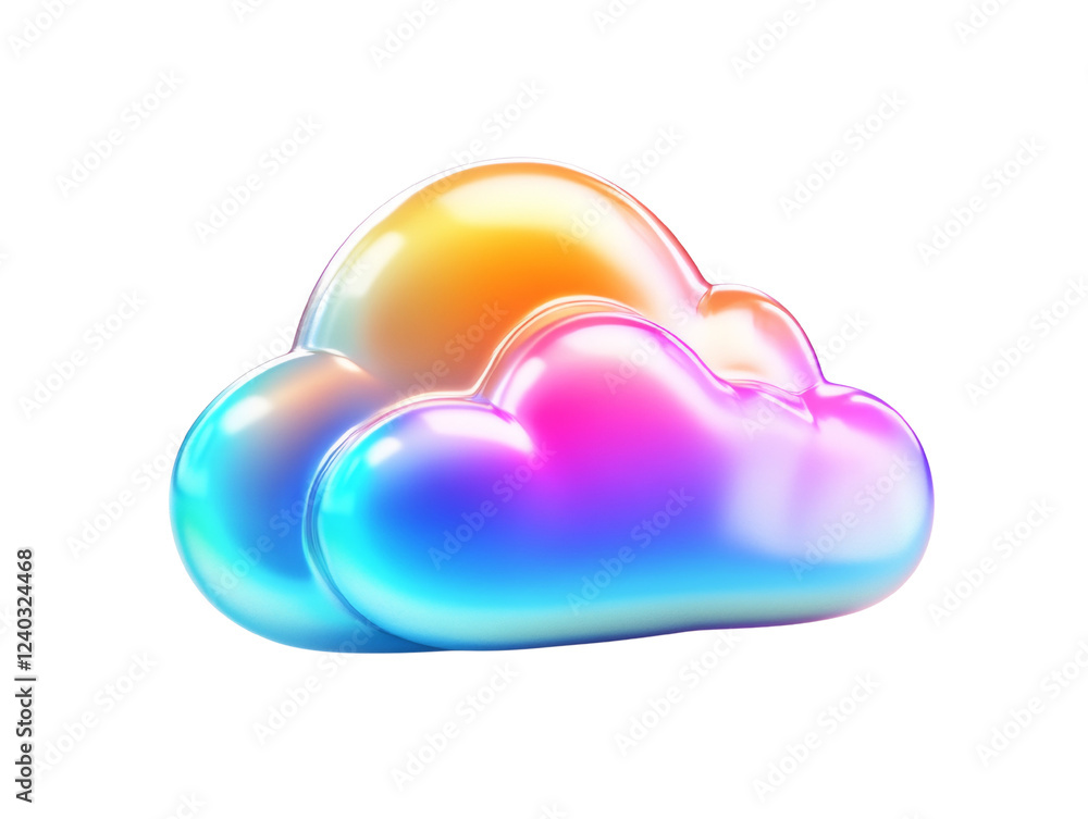 Poster a 3d rendered image showcasing a glossy iridescent cloud in vibrant rainbow colors against a black b