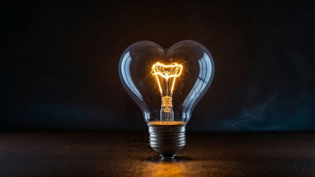 A close-up of a heart-shaped light bulb glowing softly against a dark background.