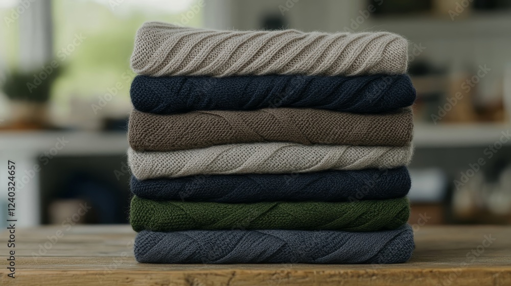 Poster elegant stack of wool mesh base layer tops in earthy tones