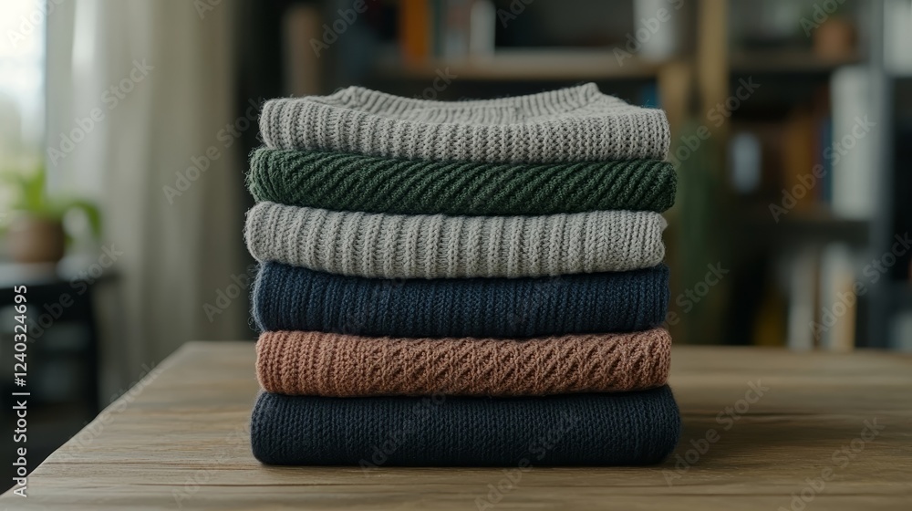 Poster elegant stack of wool mesh base layer tops in earthy tones
