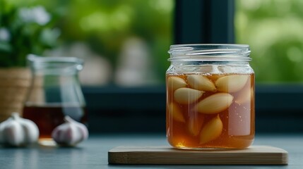 Elegant Sliced garlic steeping in honey displayed in a jar on a wooden board with herbal tea brewing in the background immunity boosting throat soother 