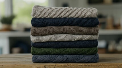 Elegant Stack of wool mesh base layer tops in earthy tones