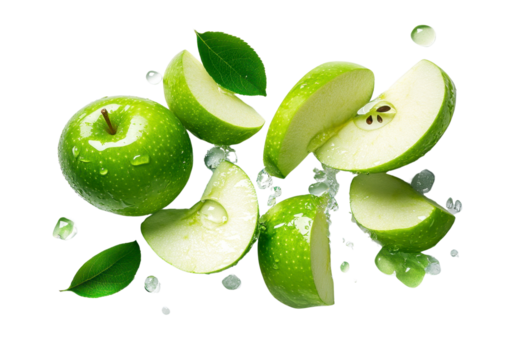 Green Apples and Slices Suspended in Air with Water Droplets
