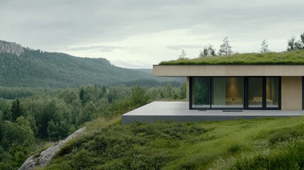 Elegant Sustainable fireproof house with green roofs fire resistant glass and solar powered vents designed for remote forested regions eco conscious living 