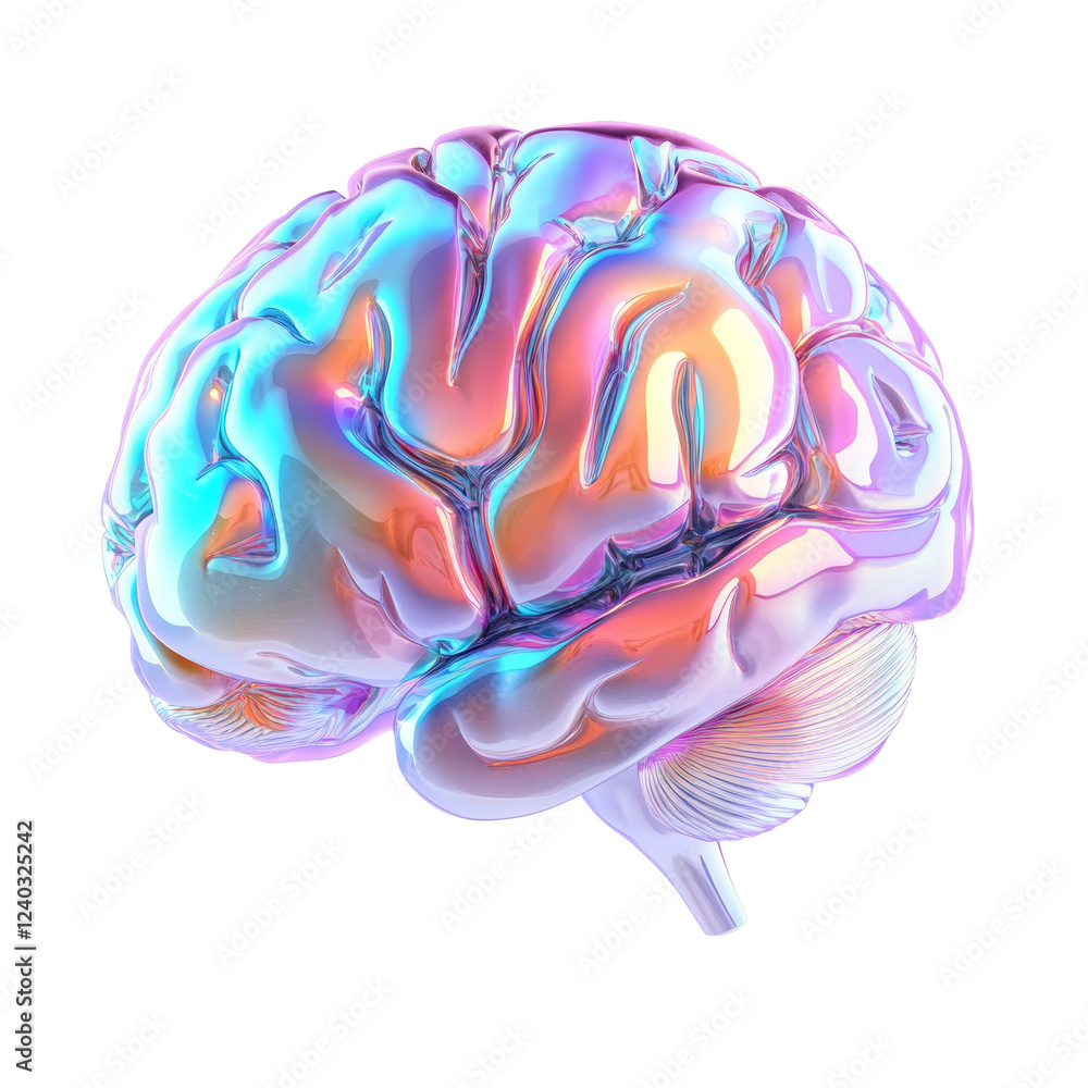 Poster A digitally rendered image of a human brain with an iridescent and glossy texture.