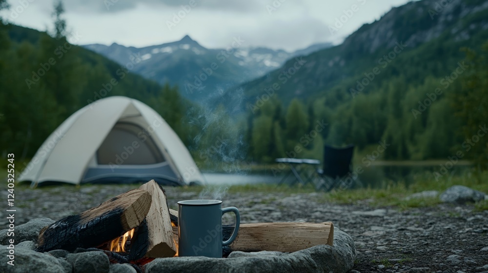 Poster elegant warm yet lightweight wool mesh base layer laid over firewood in a campsite scene with a tent