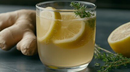 Elegant Warm ginger and lemon drink steeping in a clear mug with fresh sprigs of thyme and honeycomb resting nearby natural anti inflammatory 