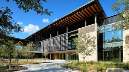 Obraz premium Cultural fusion architecture: A building that merges traditional elements from different cultures, blending textures, materials, and patterns into a cohesive modern design
