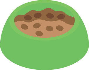 Green bowl containing dry pet food, offering complete nutrition for feline or canine companions