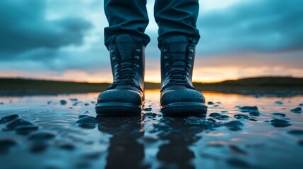 Fisherman boots standing in shallow water while collecting mussels with ripples reflecting the soft glow of a cloudy morning sky 