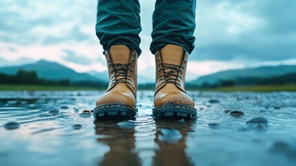Fisherman boots standing in shallow water while collecting mussels with ripples reflecting the soft glow of a cloudy morning sky 