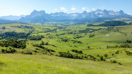 Obraz premium Mountain valley landscape, summer day, green fields, scenic view, travel postcard