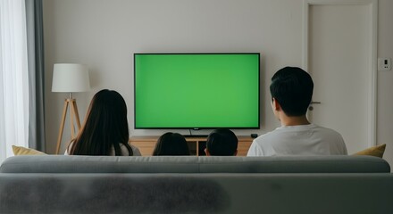 Back view of happy Asian family watching TV together in living room at home, cheerful and fun with movie, with green screen