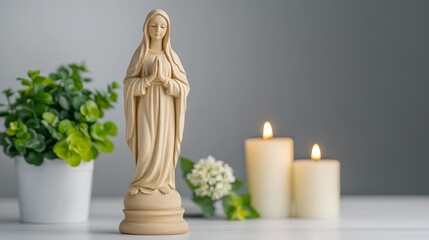 Hand carved wooden statue of Our Lady with a rustic finish surrounded by candles flickering soft amber light creating a sacred and quiet moment 