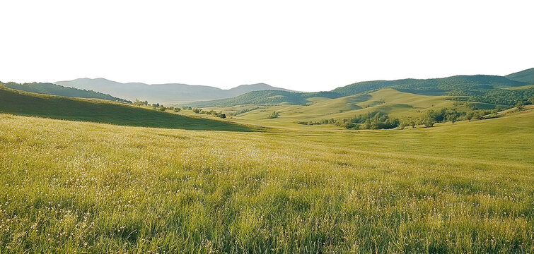 Scenic countryside landscape with grassy fields and distant hills, isolated on transparent cutout background