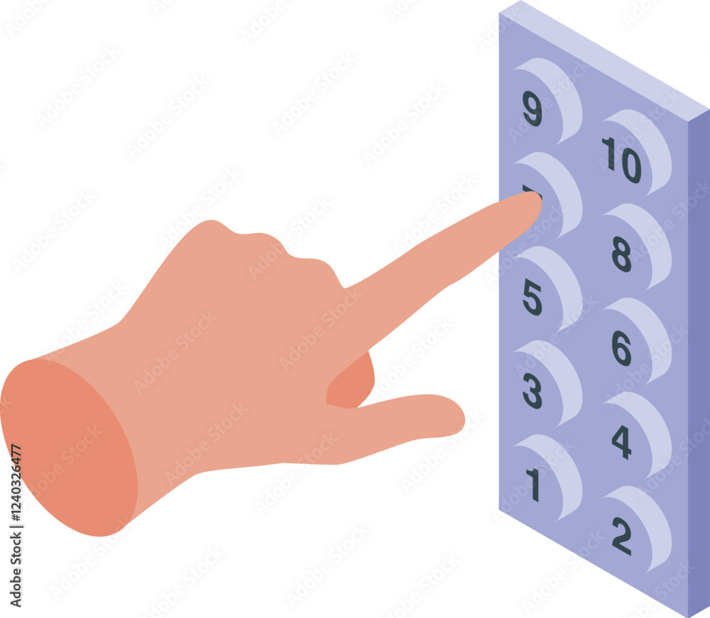 Poster finger pushing button number 7 on a keypad in isometric view