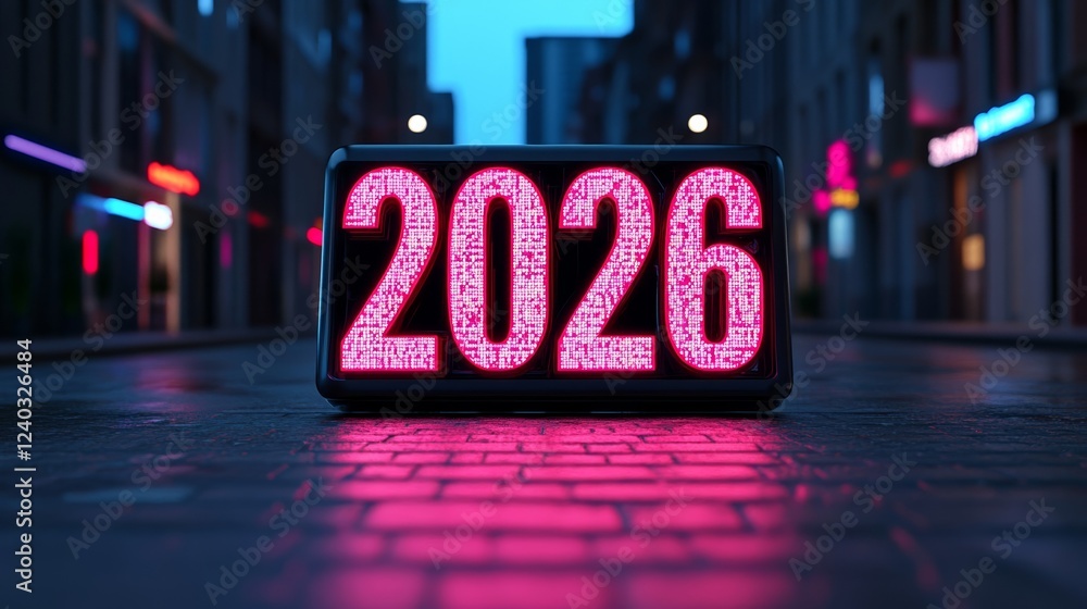 Poster high tech digital screen showing the number 2026 in glitching holographic font surrounded by pixelat
