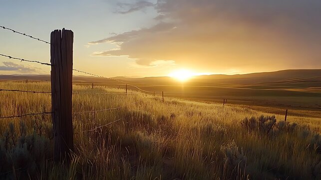Fence in field at golden hour sunset with hills