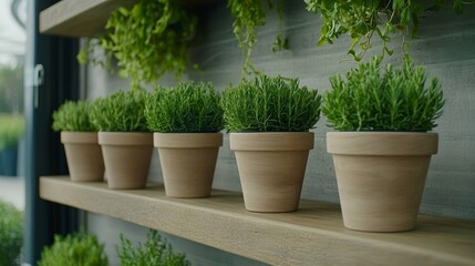 Minimalist plant pots in neutral tones displayed neatly on wooden shelves with hanging vines adding a natural touch to the supermarket decor 