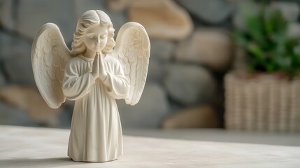 Marble angel statue with hands folded in prayer glowing under soft golden sunlight ancient chapel in the background serene Ave Maria theme 