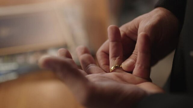 Man with wedding ring on his finger, touching the ring close up. Marriage problems. 