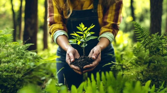 An environmentalist holding a sapling in their hands, standing in a reforested area with tall, lush greenery surrounding them. 4k video footage