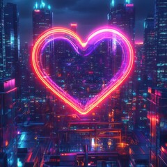 Obraz premium Create a high-tech neon heart, Gleaming holographically over a cyberpunk skyline