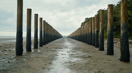 Fototapeta premium Rows of oyster farming trestles during low tide shells visible against the wet sand as waves gently lap along the shore 