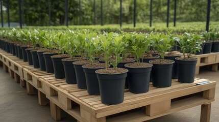 Rows of eco friendly bamboo and recycled plastic pots on a wooden display stand with informational signs about sustainable gardening 