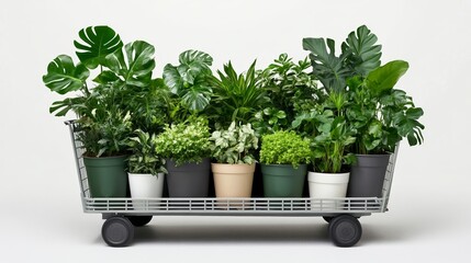 Shopping cart being unloaded into a car trunk filled with supermarket plants a mix of tropical foliage and flowering pots 