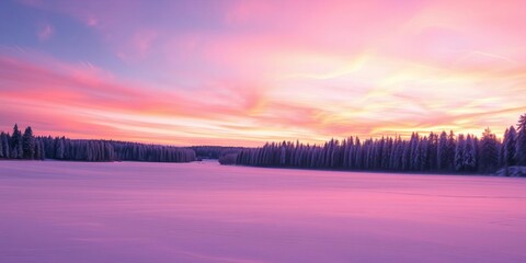 Obraz premium Vibrant hues of orange, pink, and purple illuminate the snowy winter forest, creating a magical sunset scene, tranquil, sky, landscape