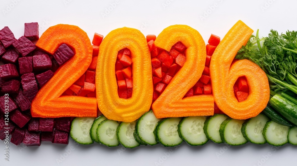 Aufkleber vibrant 2026 made of colorful diced vegetables like carrots beets and cucumbers arranged in a minima