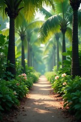 Obraz premium A delicate flower blooms among the palm fronds, tree-lined path, flower bloom, lush vegetation