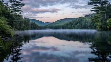 Obraz premium Tranquil lake reflecting mountains, serene water under overcast sky, perfect for nature themes and peaceful retreats, copy-space available.
