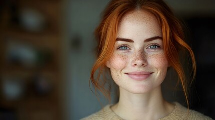 Fototapeta premium Portrait of smiling redhead woman with freckles showing happiness and confidence