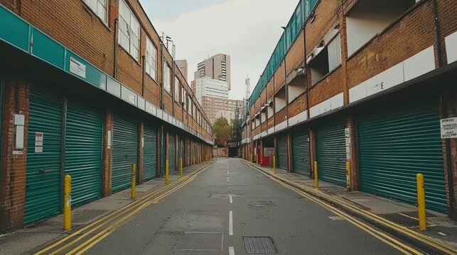 Urban Alleyway with Green Roll-up Doors and Brick Buildings