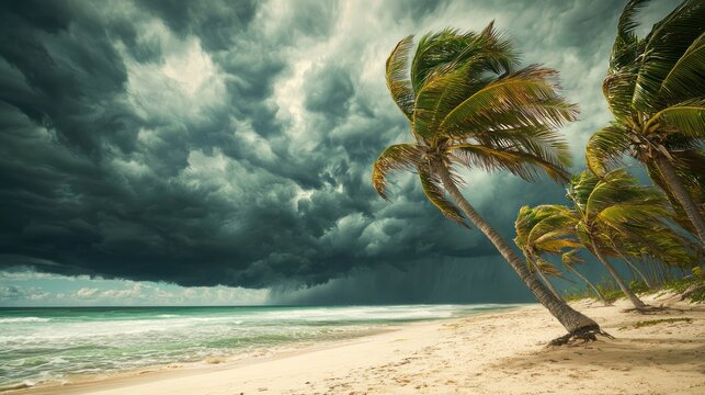 Dark storm clouds rolling in over a tropical beach, with palm trees swaying in the strong wind.