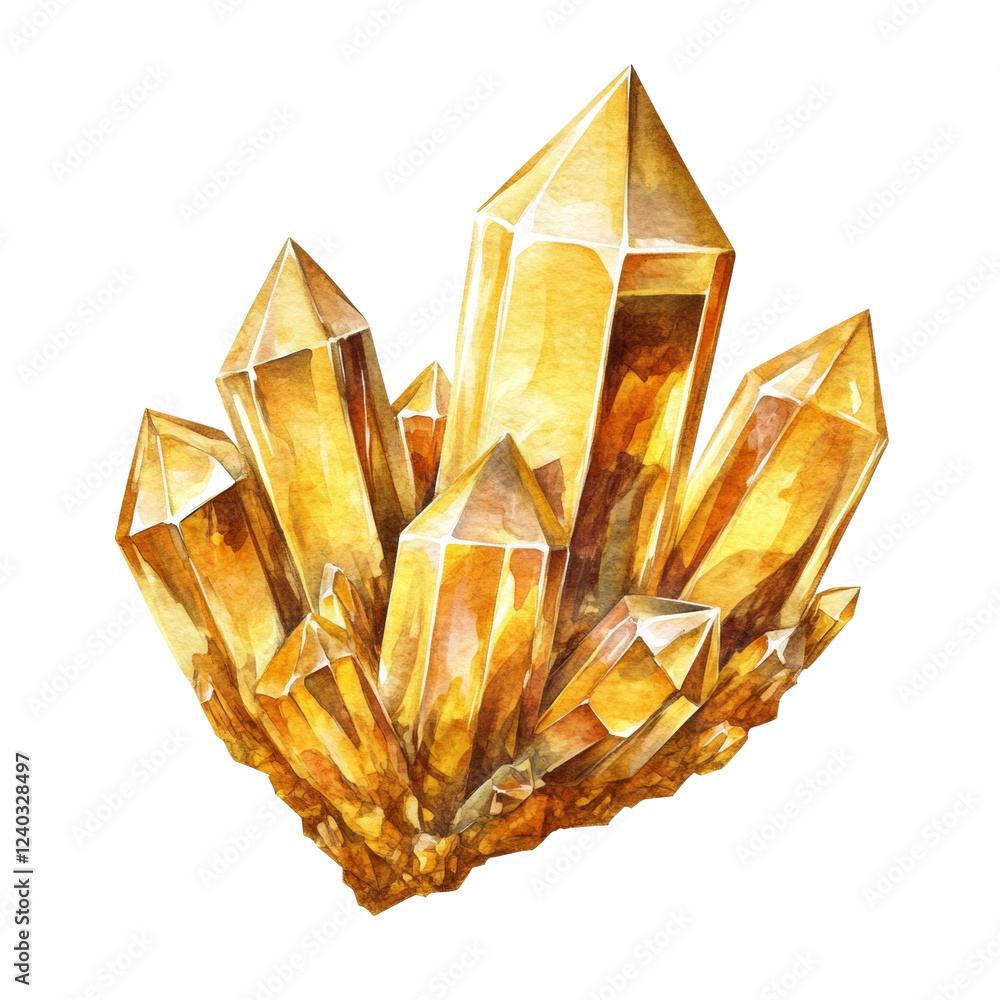 Poster a watercolor painting depicts a cluster of golden crystals with sharp points and brilliant reflectio