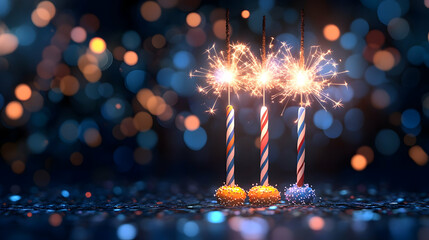 Festive sparklers on glitter, bokeh background. Holiday celebration