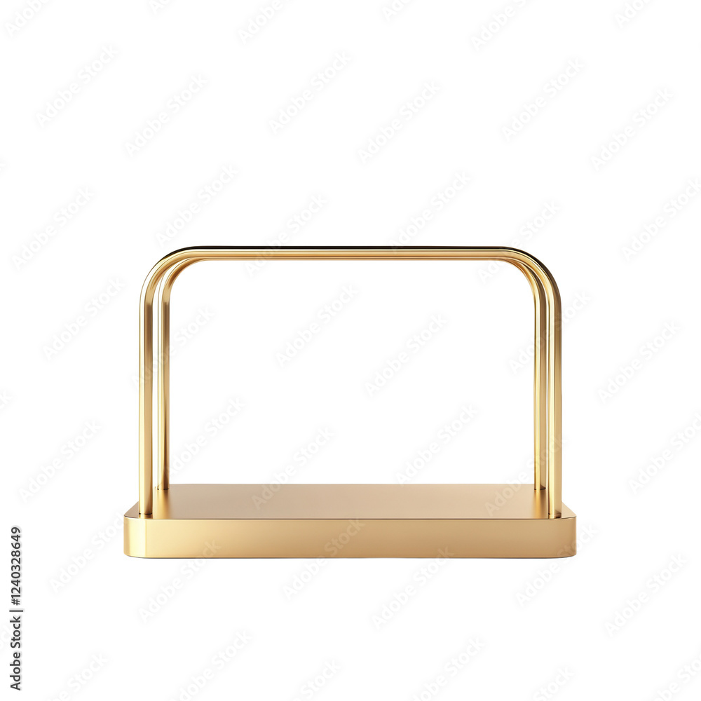 Leinwandbilder a minimalist gold metal display stand features a rectangular base and sleek curved supports ideal fo