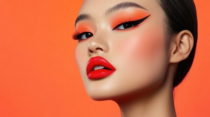 Stunning and eye catching portrait of an Asian woman wearing bold vivid makeup with neon orange lipstick dramatic black winged eyeliner and vibrant coral blush for a playful