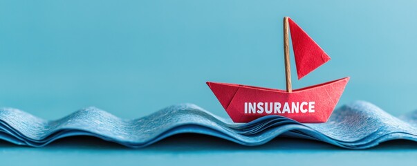 Marine Insurance Concept: Paper Waves Protecting Boat