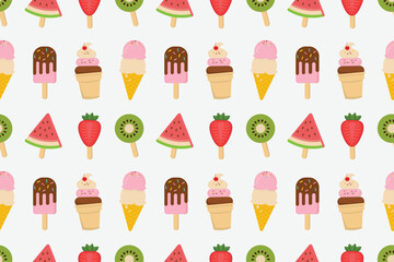 Ice cream sticks and cones with fruits summer design seamless repeat pattern