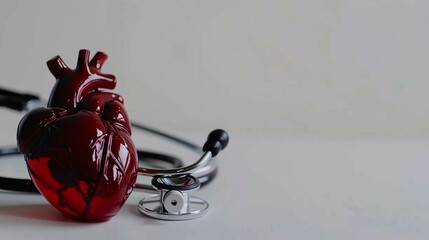 Close-up of a detailed human heart model on a white surface with a stethoscope nearby, representing cardiac health, medical care, and healthcare education concepts.