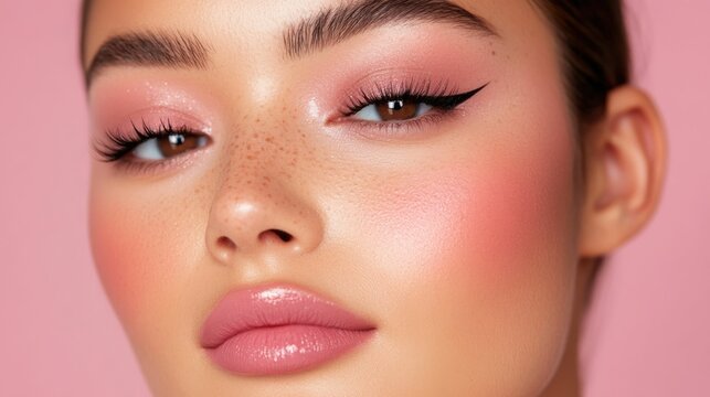 Closeup of a model s face showcasing a natural barely there makeup look with sheer pink lipgloss pale blush and minimal black eyeliner for a soft elegant and feminine aesthetic