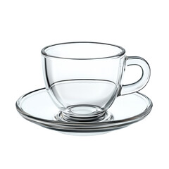 A pristine empty glass teacup rests on a matching saucer a simple elegant set.