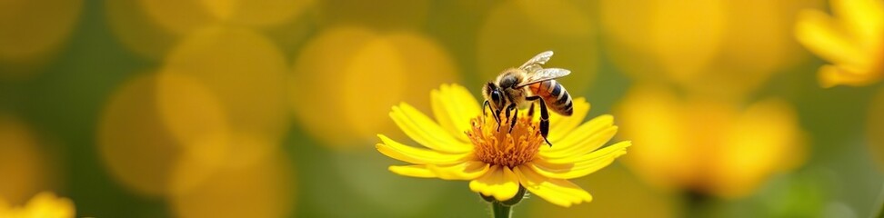 A delicate honeybee collects nectar from a bright yellow and golden flower, sunny, honeybee