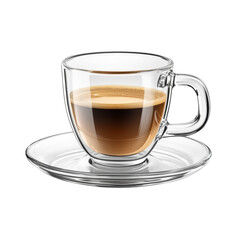 A single shot of espresso sits in a clear glass cup atop a matching saucer against a black background.