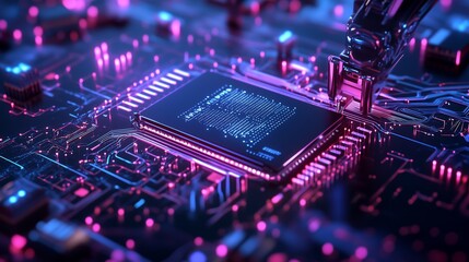 High precision robotic arm inserting microchip onto glowing motherboard, representing cutting edge semiconductor manufacturing and industrial automation technology