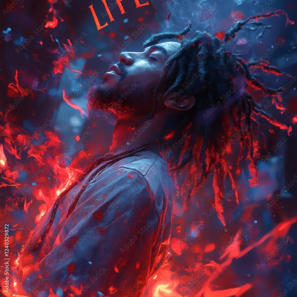 Poster highresolution 3d image featuring a gothic man with shimmering silver dreadlocks suspended in the ai